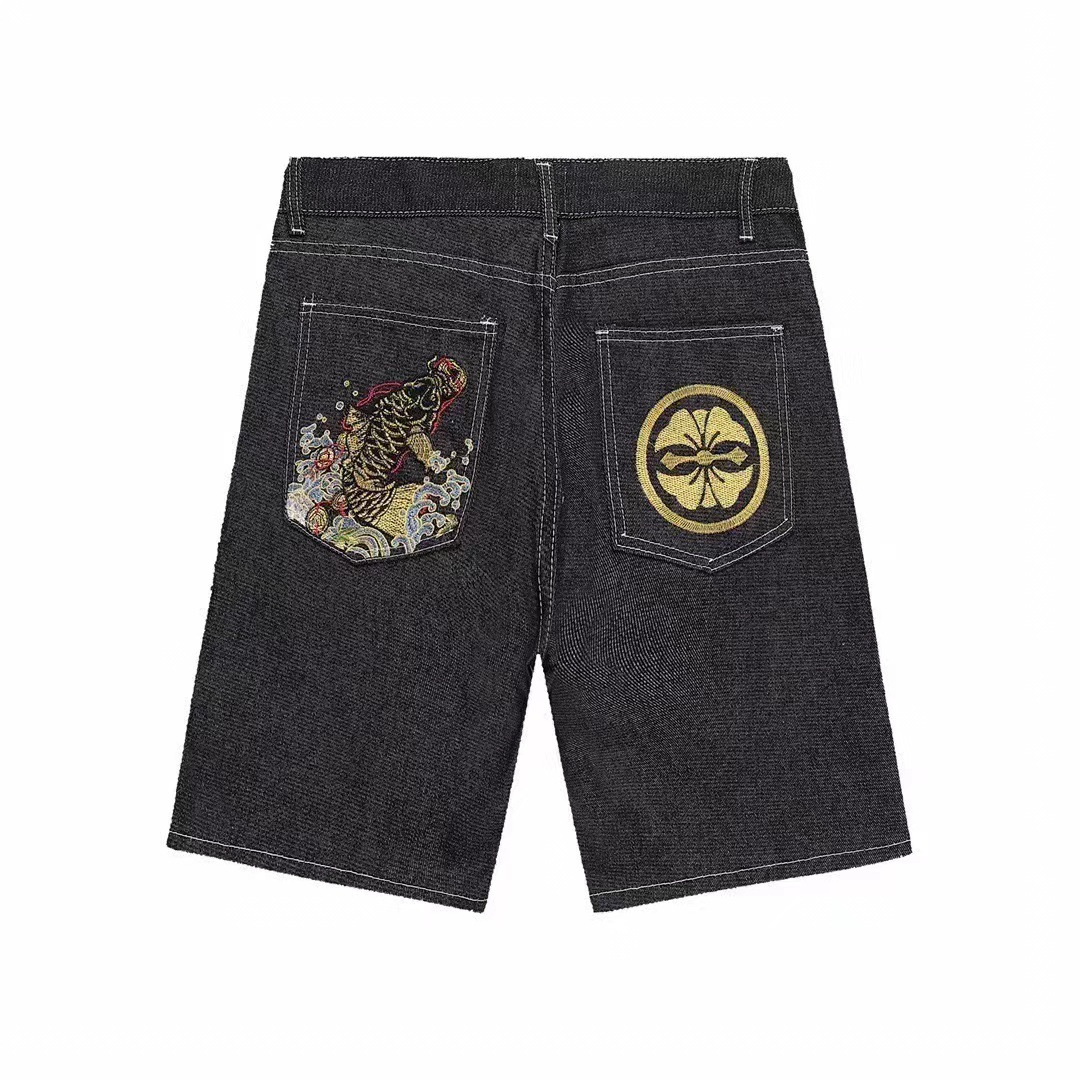 Men's Shorts Aziza Black Loose Pattern Pocket Embroidery Denim Mens Womens Hip Hop Retro Punk Jeans Short Street Knee Lenght Jorts