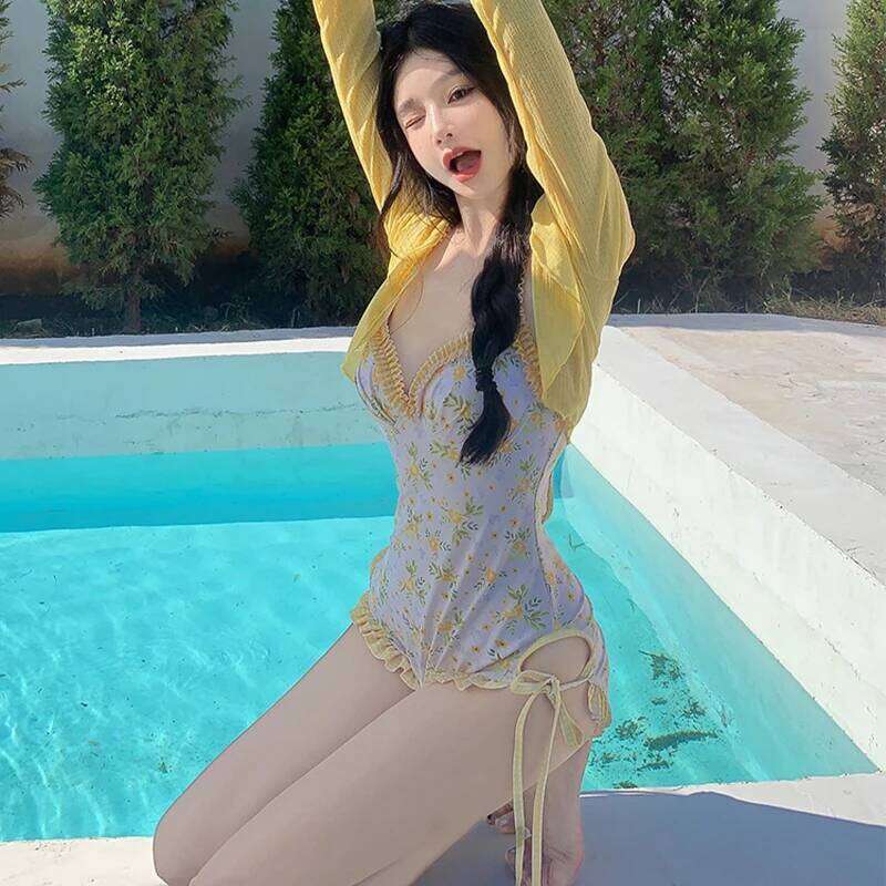 Korean Floral One Piece Soft Cup Cover Up Long Sleeve Hot Spring Spa Bikini Style Swimsuit for Women Slim Swimsuit