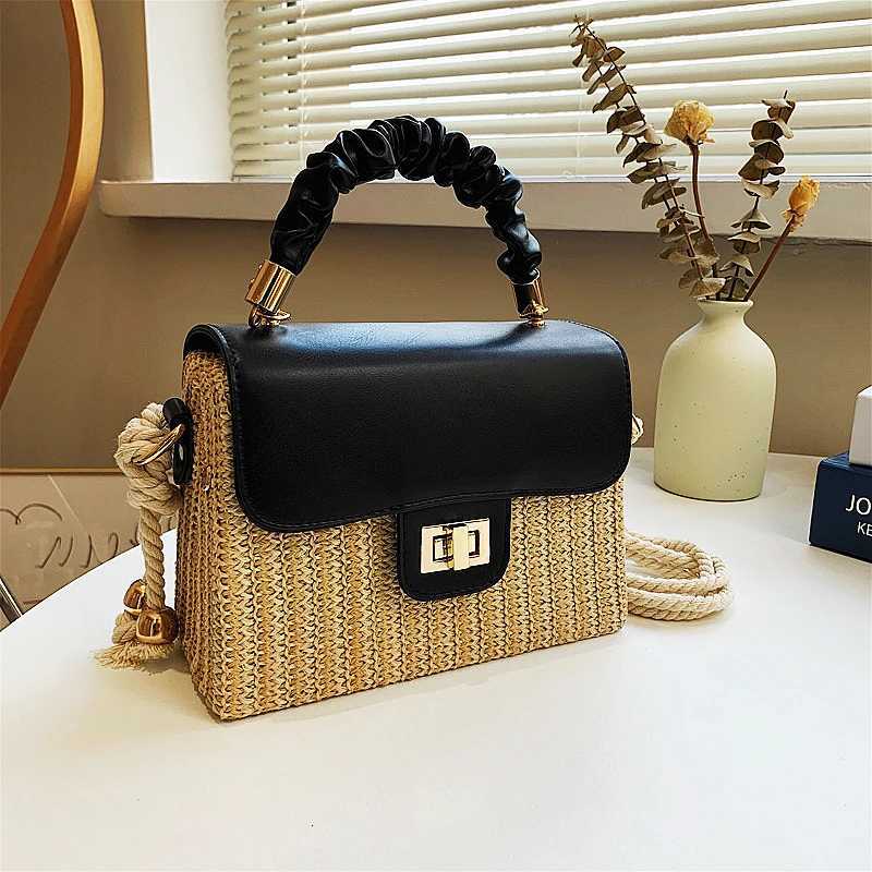 Straw Beach Bag for Women 2021 Summer Pleated Handle Designer Bag Contrast Color Crossbody Purse and Handbag Lady Bolsos Z250718