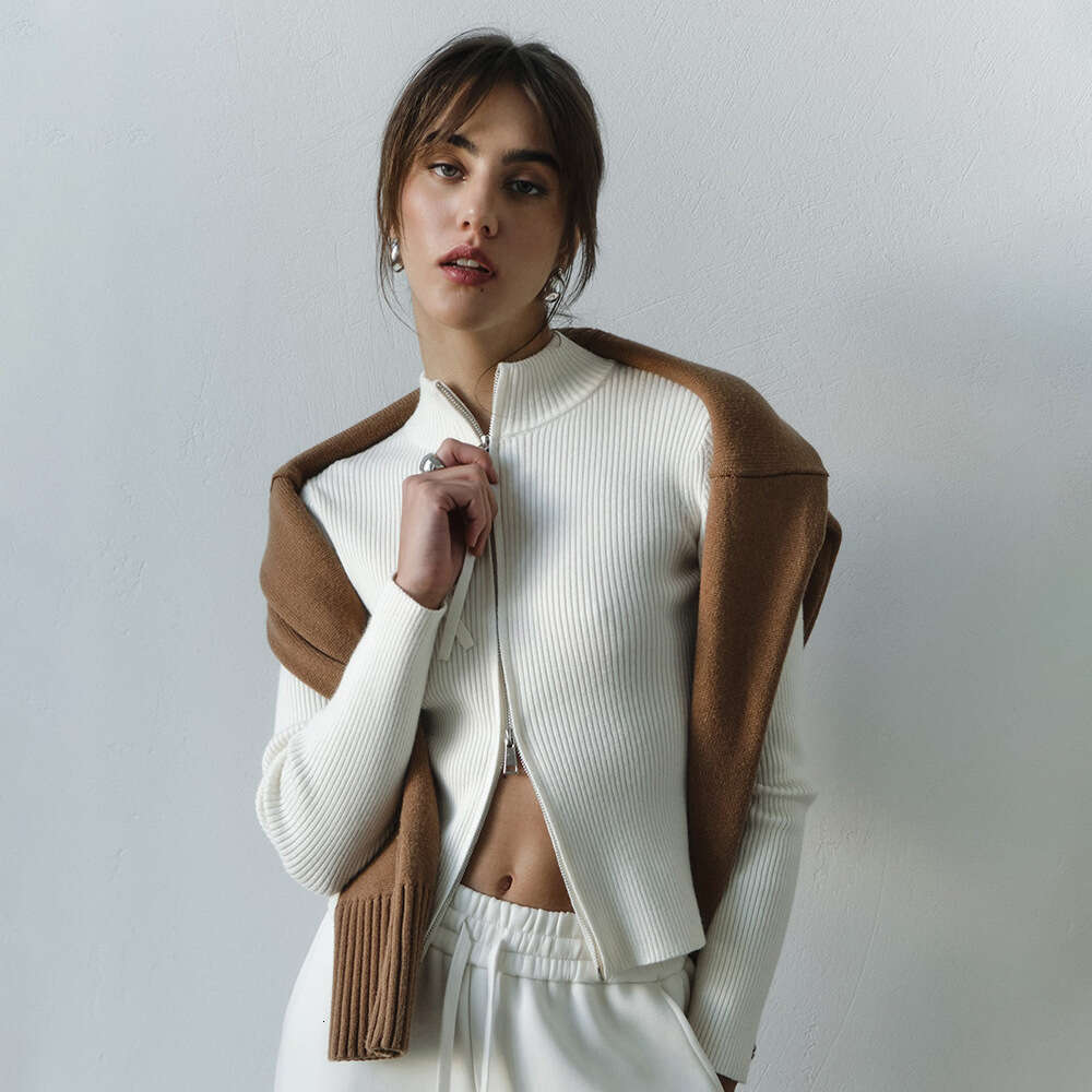 Stand Collar Slim Fit Long Sleeve Autumn Winter New Double Zipper Cardigan Warm Knitted Jacket For Women B5