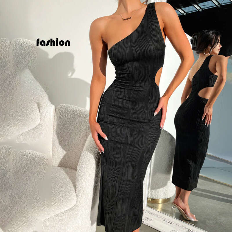 Hollow Out Asymmetrical Women's Autumn New Sexy Elegant Commuter One-Shoulder Long Dress B5 g5