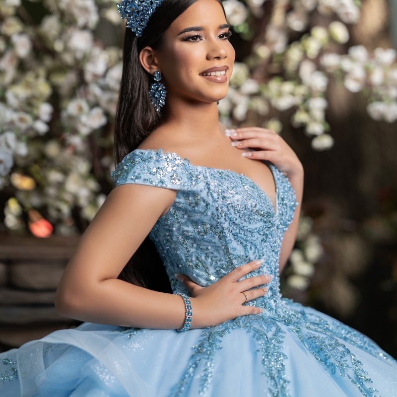 Light Blue Shiny Quinceanera Dresses Ball Gown Off The Shoulder Sequin Applique Lace Beads Tull Corset Party Birthday Sweet 16 Dress Vestidos 15 Anos