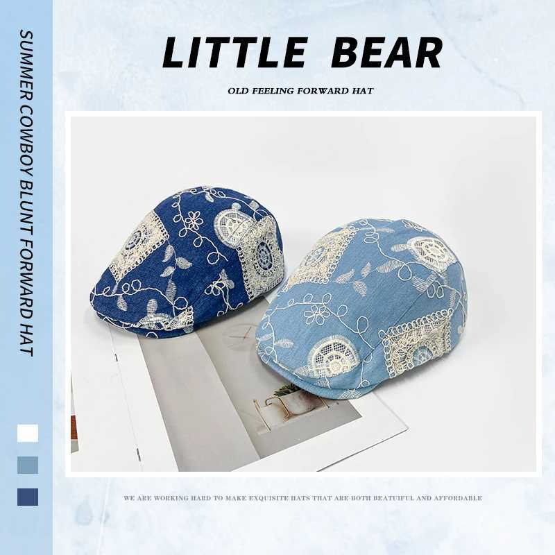 Korean Retro Lace Flower Embroidery Denim Berets Cap Summer Autumn Thin Breathable Versatile Literary Painter Hats for Women L250718