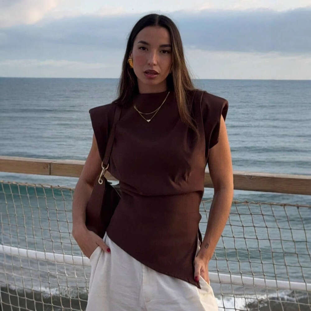 TRAFZA Women's Spring New Fashion Pleated Decorative Asymmetric Padded Shoulder Blouse B5