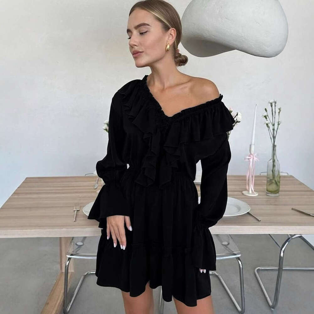V-Neck For Women Spring Summer New Bell Sleeve Short Chiffon Dress B5