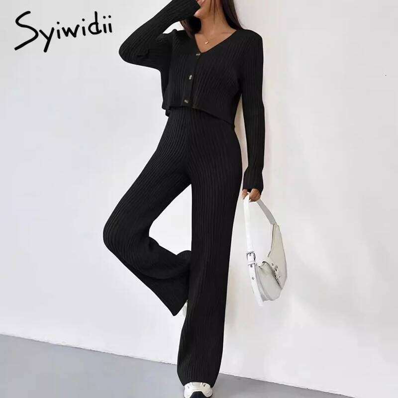 Syiwidii Autumn Women Suits Casual V Neck Single Breasted Tops High Waist Straight Pants Fashion Elegant Commuting 2 Piece Sets MDNG