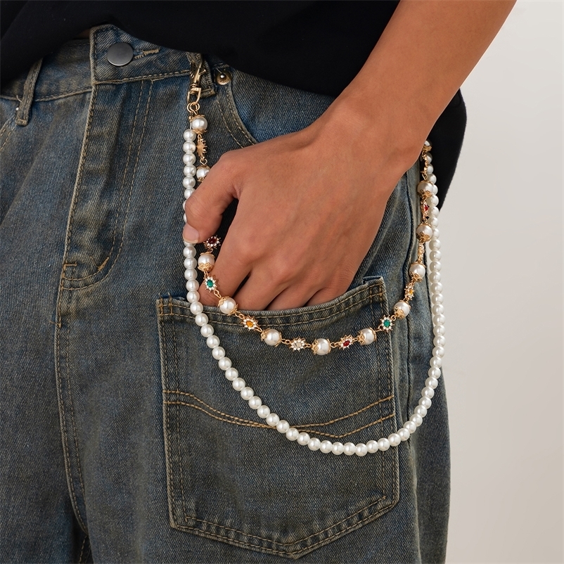 IngeSight.Z Fashion Pearl Rhinestone Flower Jeans Chain Keychain Men Women Trousers Hipster Pant Chain HipHop Jewelry 250717