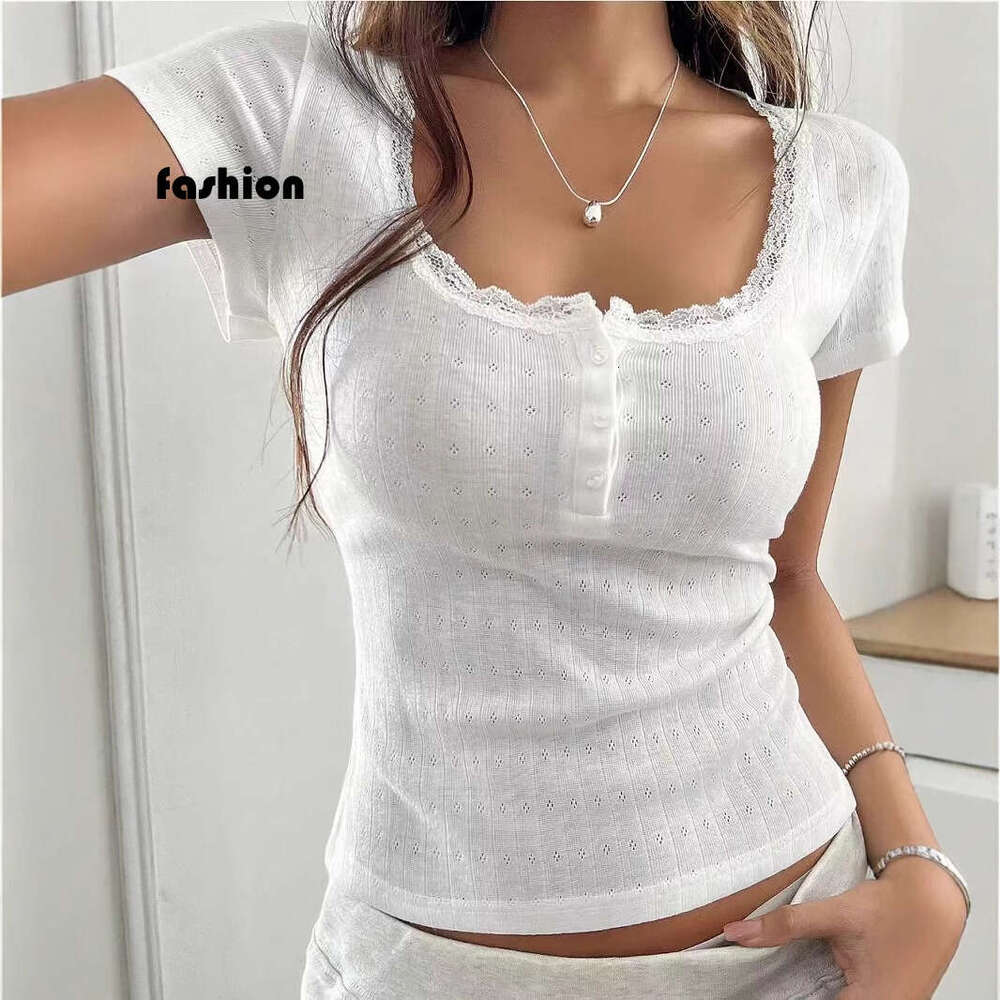French Style Casual Pure Desire Lace Trim U-Neck Button T-Shirt For Women, Waist-Cinching Sweet Temperament Regular Shoulder Versatile Short Top B5 g7