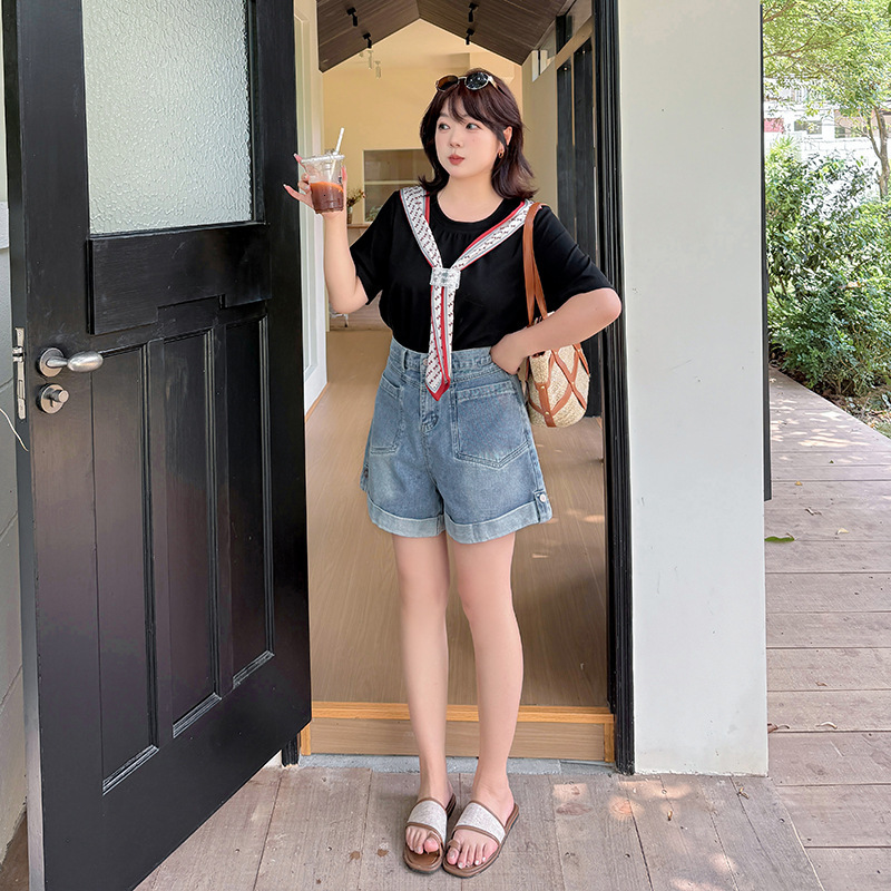 Shuangtian Plus Size Women's Clothing 2025 Summer New Fashion Tie Patchwork Round Neck T-Shirt 8980