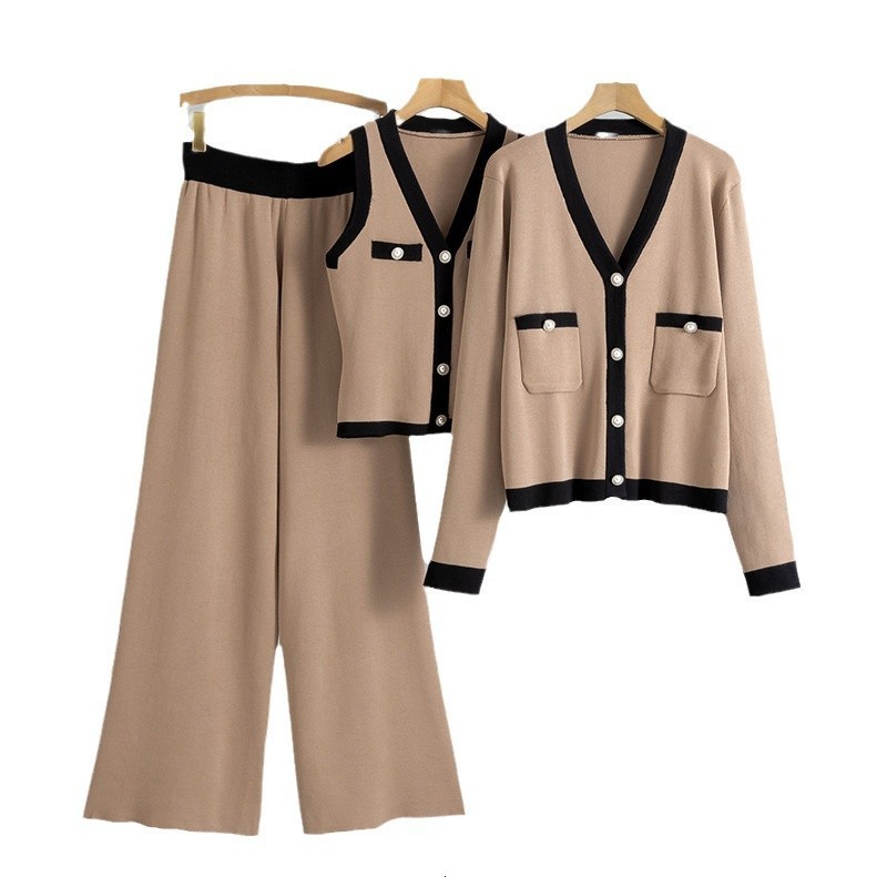 Autumn Womens Stylish Wide Leg Pant with Matching Vest Comfortable Knitted Ensemble 250718