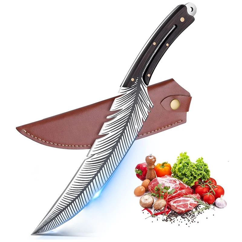 Feather Knife Hand Forged Viking Butcher Knife Boning for Meat Cutting Japanese Chef Knives with Sheath for kitchen Cooking 250715