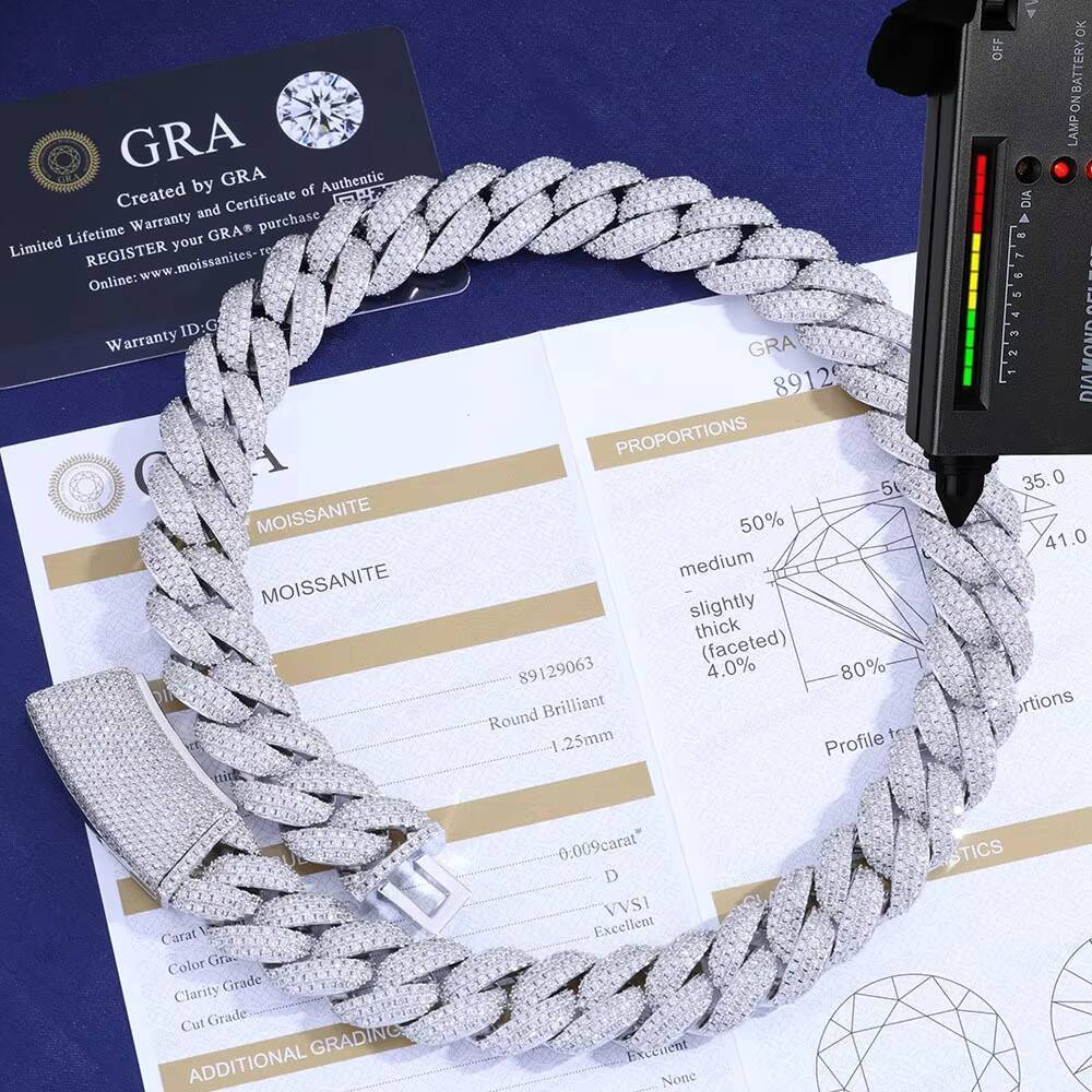 Mens S925 Silver Moissanite Three-Row Full Diamond Bubble Cuban Chain Hip Hop Style Chic Necklaces