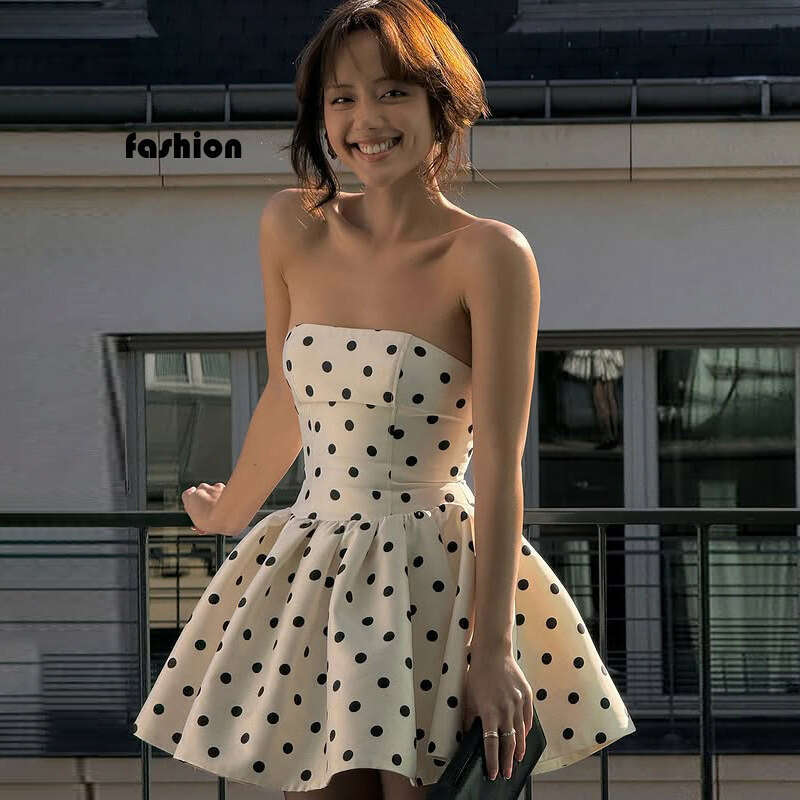 French Style Summer New Strapless Waist-Cinching A-Line Short Polka Dot Bow Puff Dress For Women B5 g7