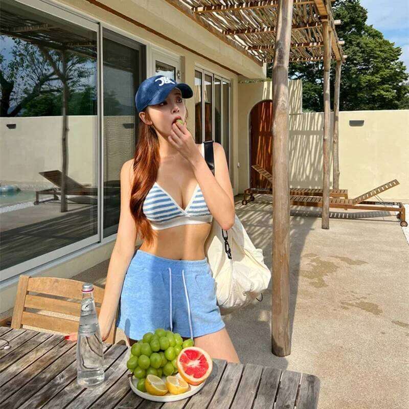 New Blue Striped Bikinis High Waist Shorts Swimsuit Women Swimwear Beach Wear Bathing Suits Korean Bikini Set Pool Bather 2025