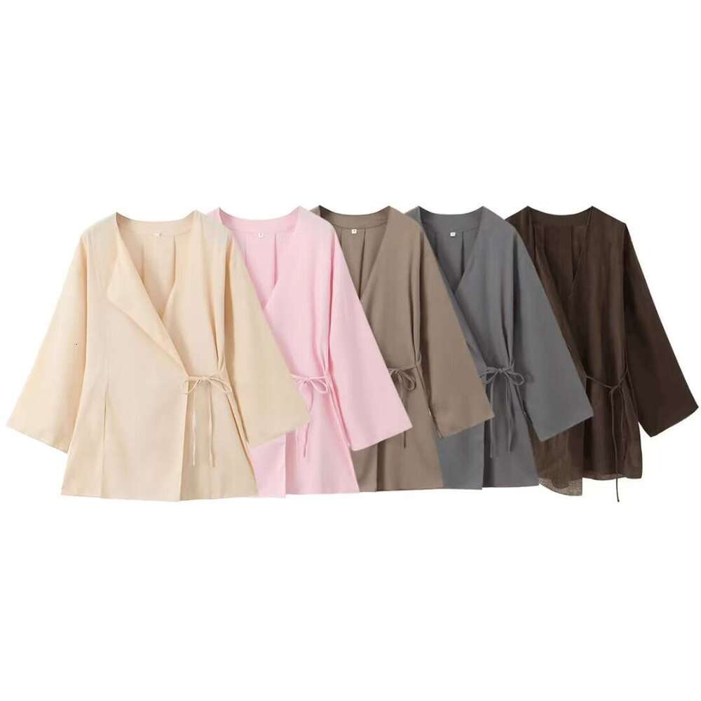 TRAFZA Women's Clothing Spring New Linen Tie Top And Pants Set B5