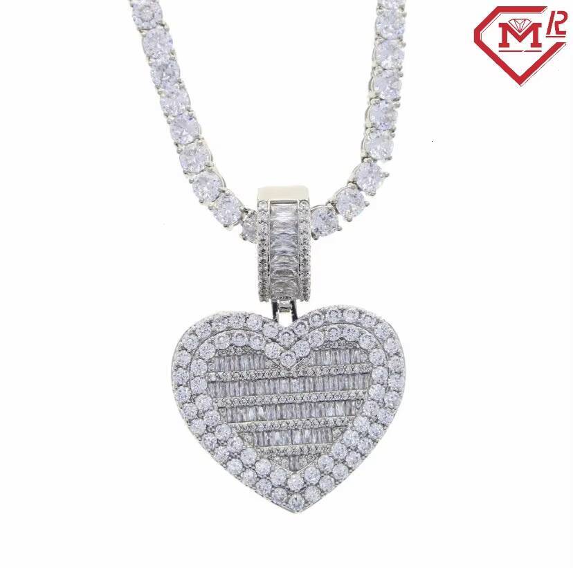 Vvs Iced Out Moissanite Pendant Custom Heart Baguette Hiphop Charm 925 Silver Moissanite Pendant