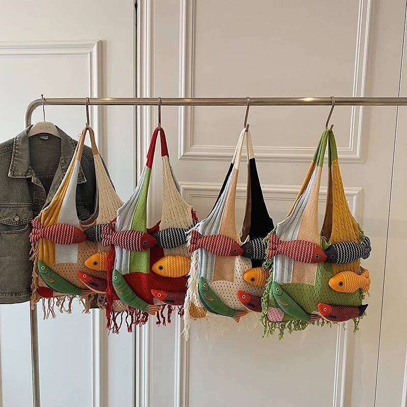 Cute Little Fish Relaxed Knitted Summer New Commuter Versatile Shoulder Contrasting Cut Out Tote Bag