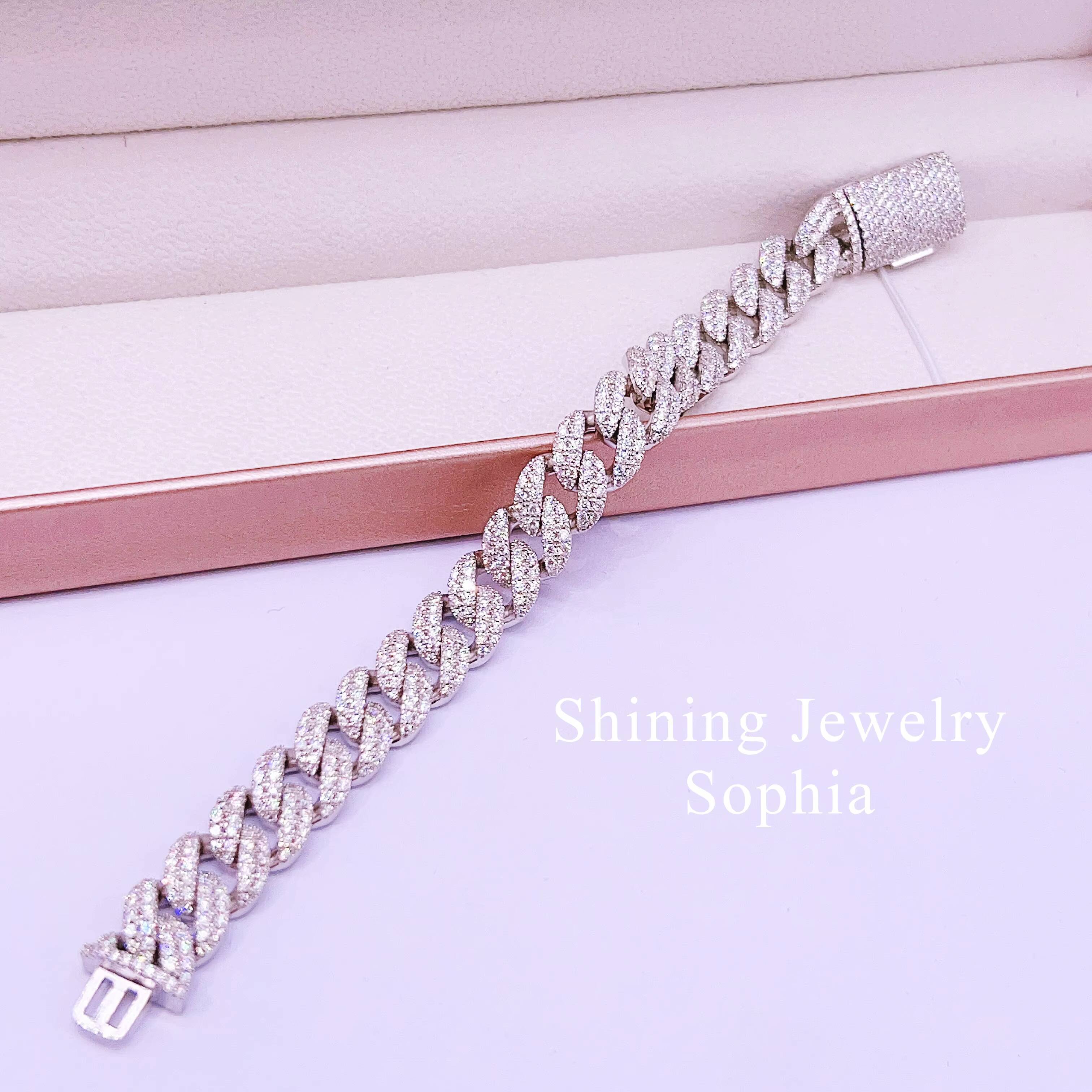 Fine Jewelry Bracelet 12MM 2Row Hip Hop Jewelry 925 Sterling Silver D-VVS1 Moissanite Diamond Cuban Link Bracelet