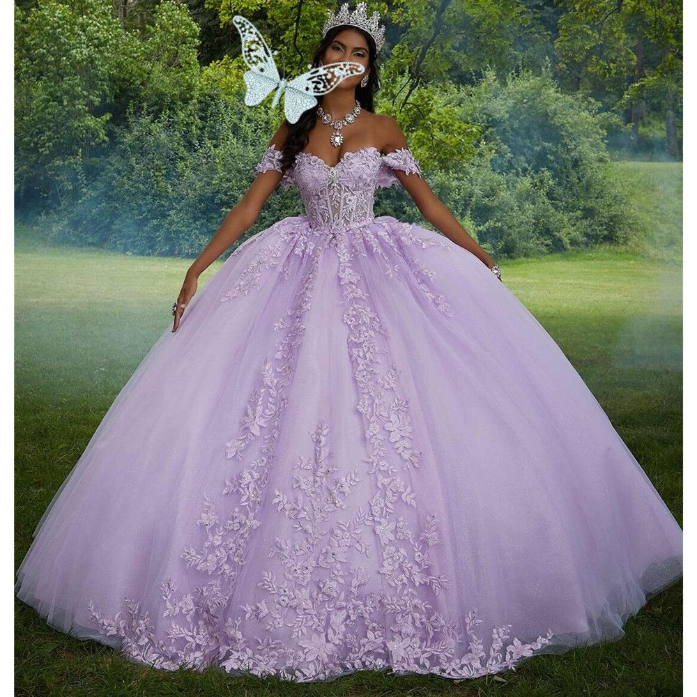 Lilac Princess Quinceanera Dresses Off The Shoulder 3D Flower Appliques Cinderella 16 Princess Gowns Vestidos De 15 Anos Prom Party Gowns Customized