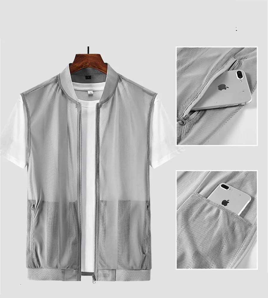 Summer Mens Mesh Fishing Vest Multi-pocket Outdoor Work Sleeveless Jacket Men Quick-drying Stripe Clothes Zipper Hiking Vest 250717