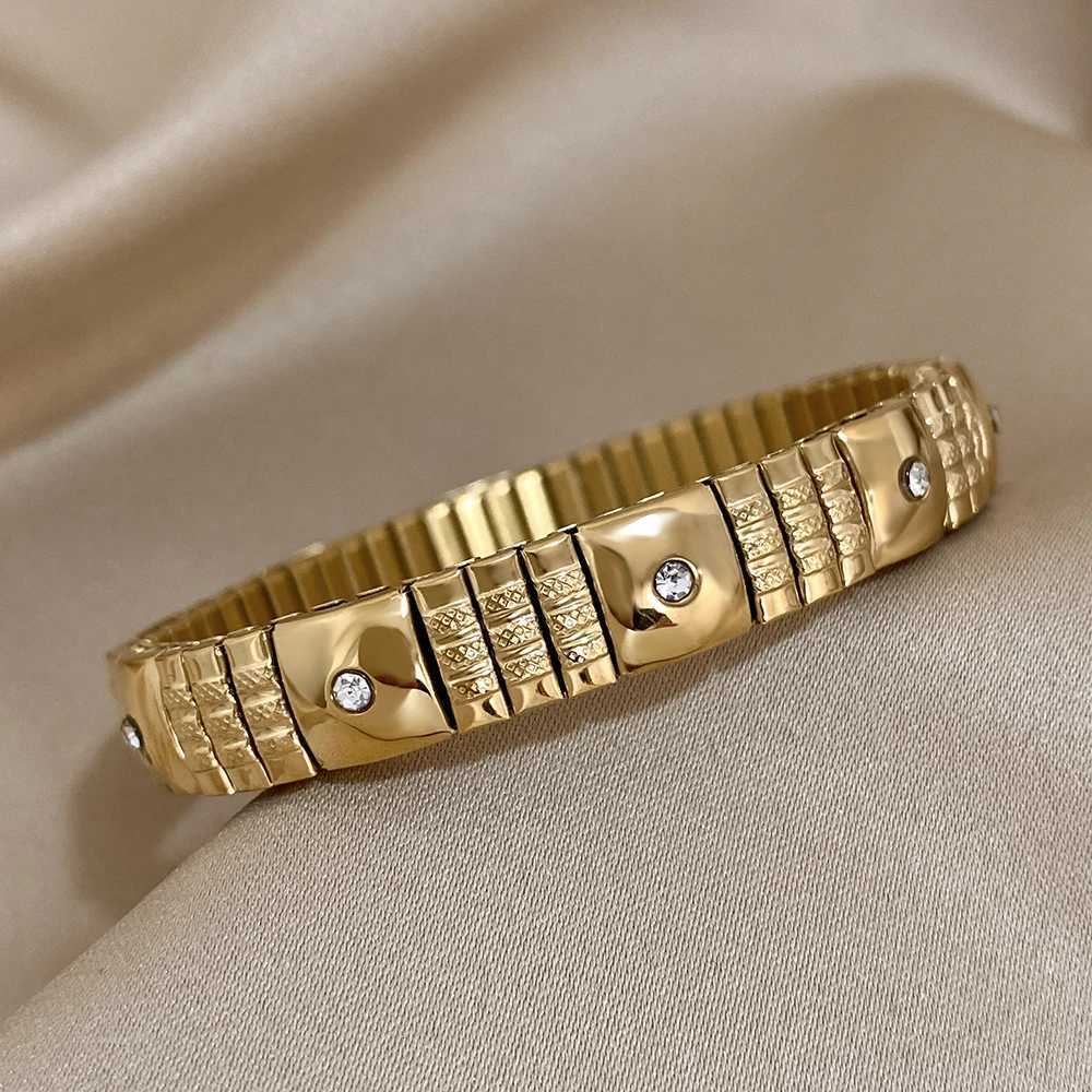 ALL New Gold Plated Stainless Steel Elastic Bangle Bracelet for Women Vintage Inlaid Rhinestone Adjustable Watchband Jewelry X250718