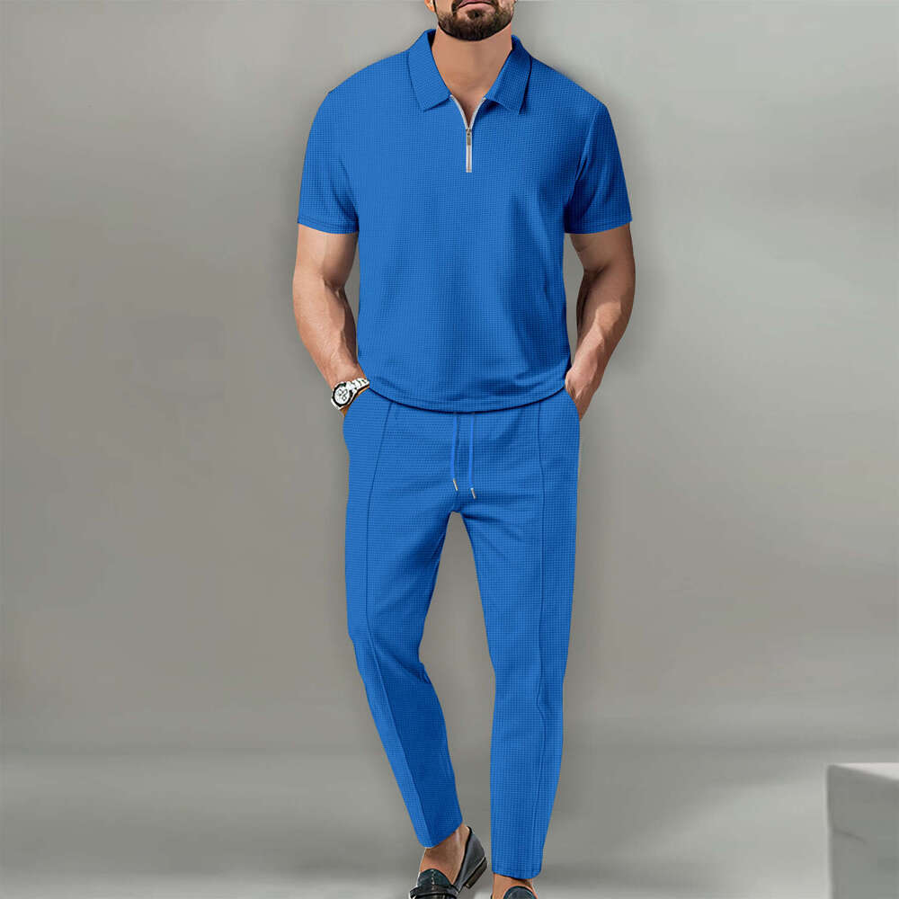 Spring Summer New Solid Color Suit Waffle Zipper Polo Collar Short Sleeve Long Pants Men's Casual B5