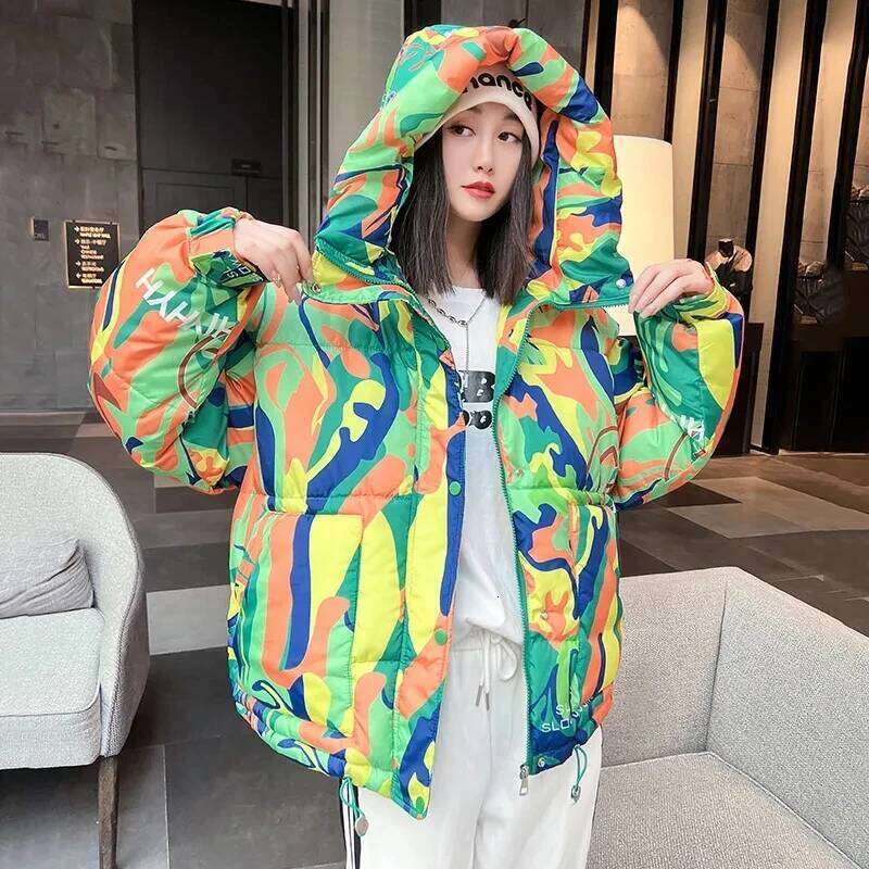 2025 Winter New Print Cotton Jacket Women Streetwear Female Warm Parkas Hooded Down Cotton Coat Korea Loose Short Bread Outwear