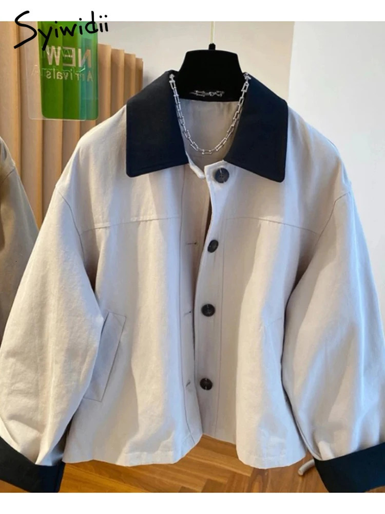 Syiwidii Contrast Color Lapel Jacket Women Casual Loose Long Sleeve Single Breasted Coat 2025 Fashion High Street Jackets 250715