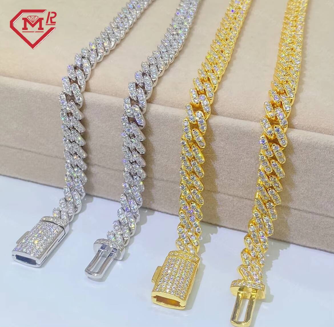 8mm One Row Big Stone Iced Out Moisssanite Cuban Link Chain Miami Hip Hop 925 Silver Moissanite Cuban Chain