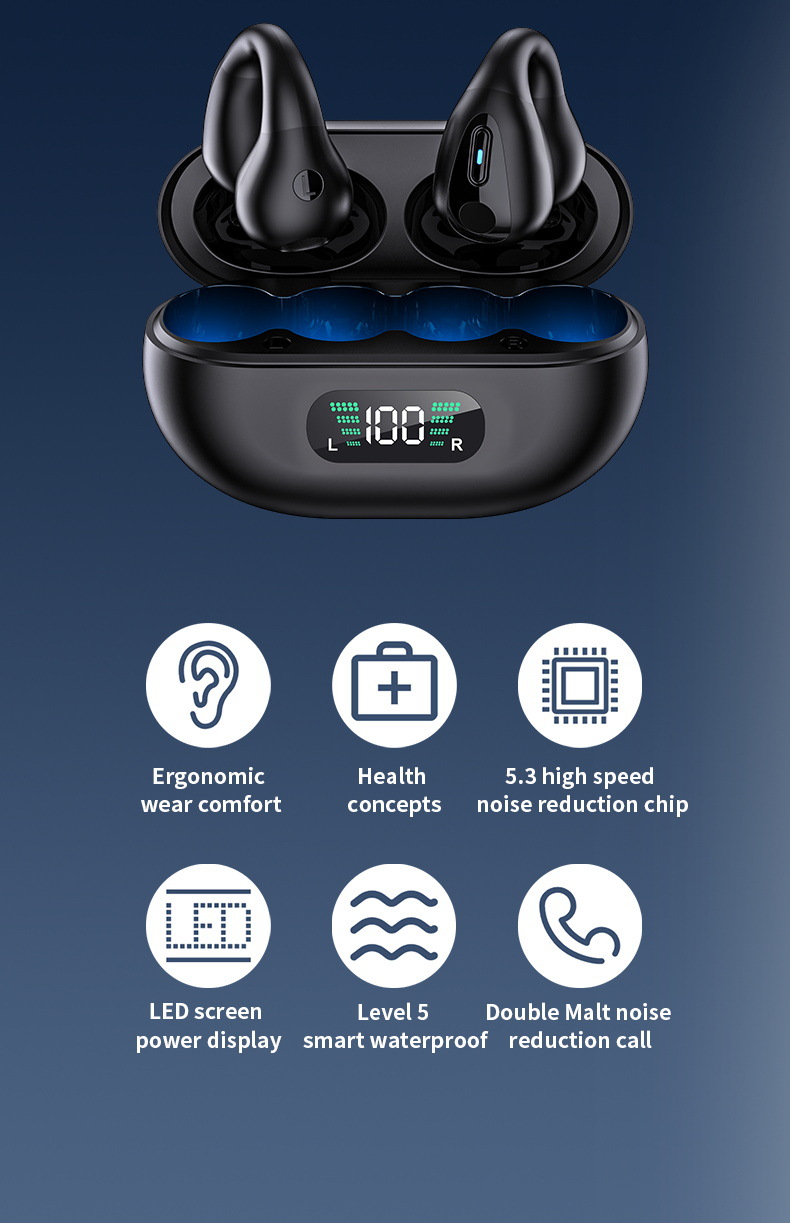 Wireless Bluetooth earphones with noise cancellation, over-ear design, large battery capacity, ear clip style, suitable for sports