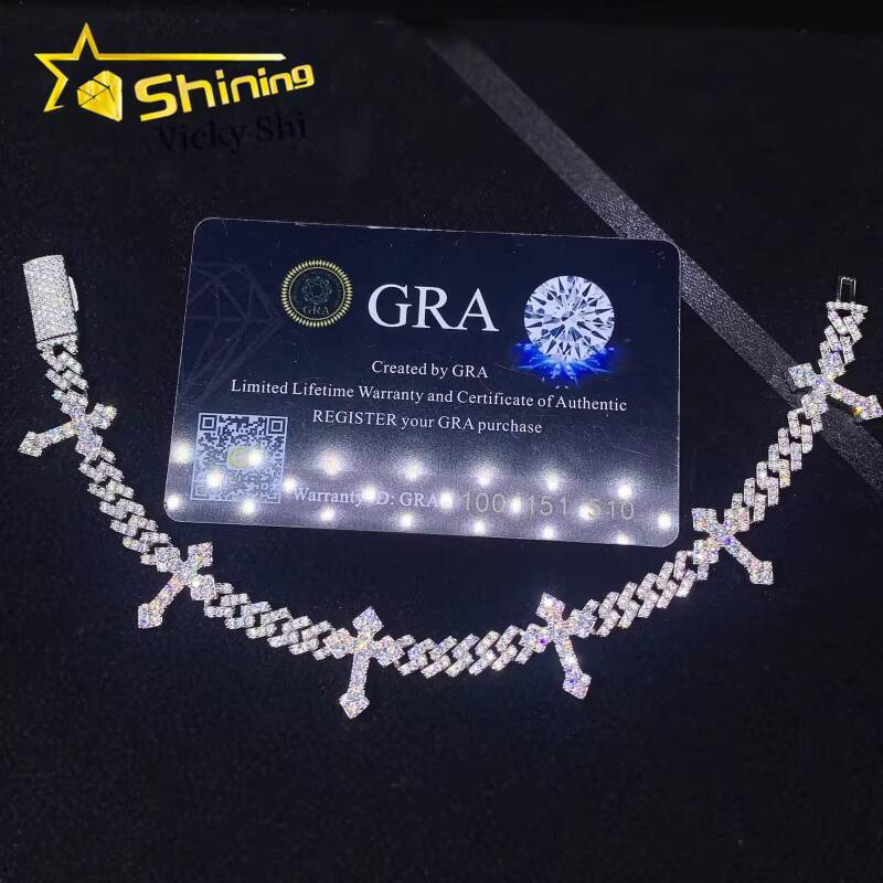 Fine Jewelry Iced Out Cross Design Moissanite Cuban Bracelet 925 Sterling Silver 6mm Hip Hop Cuban Link Bracelet