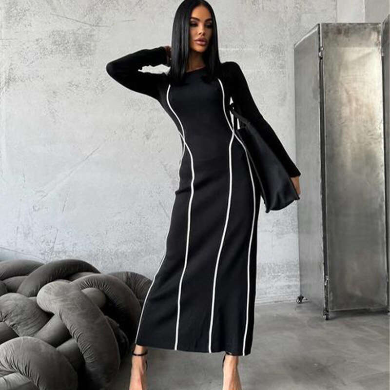 Ins Style Round Neck Striped Color-Block Slim Fit Women, High-End Mid-Length Bodycon Dress For Autumn B5