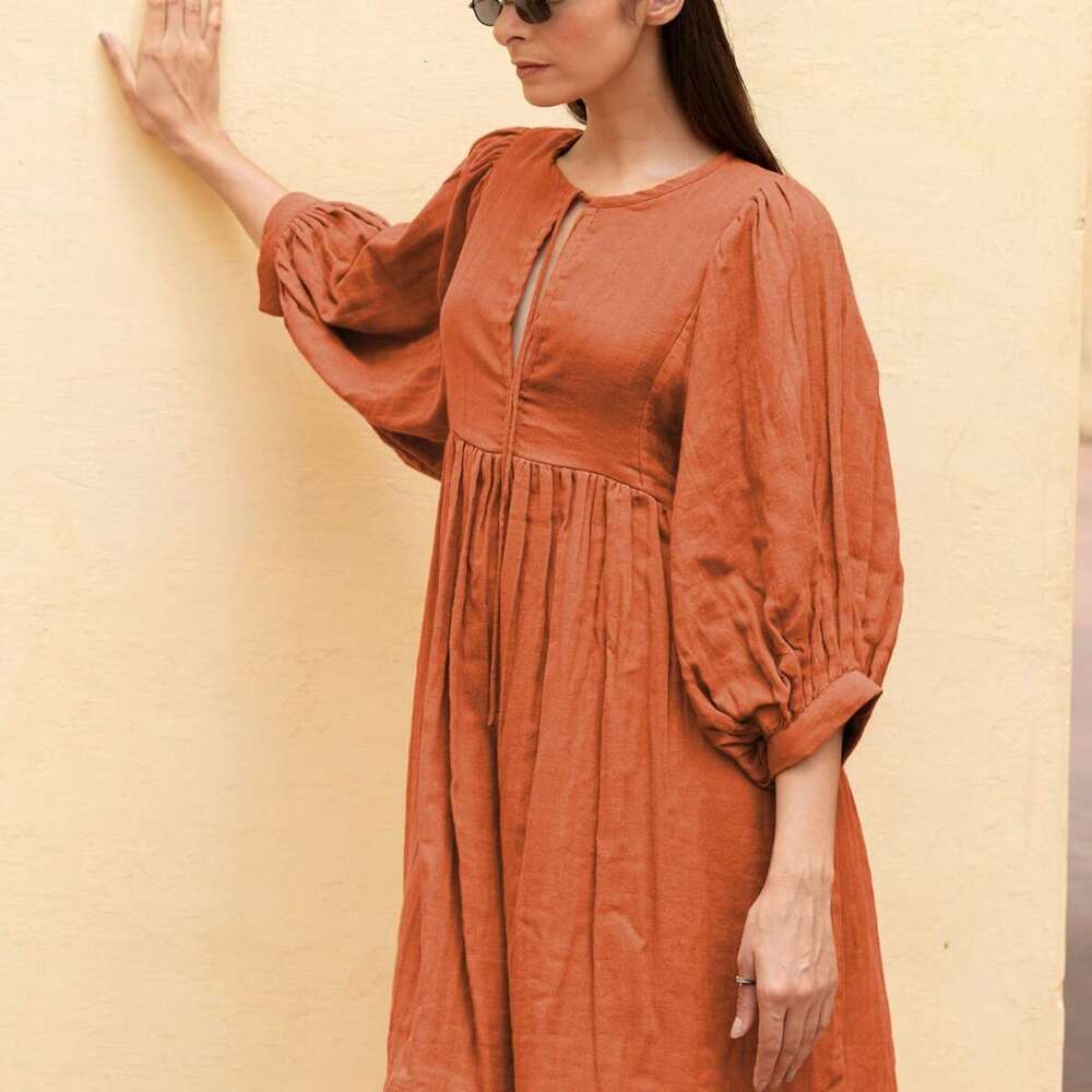 Fashion Summer Women's Solid Color Plus Size Loose Lantern Sleeve Casual Elegant Versatile Dress B5