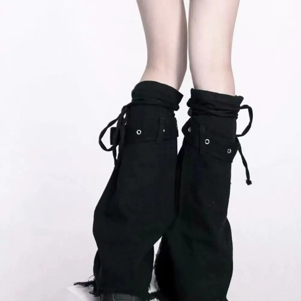 Fashion Y2k Leg Warmer Punk Harajuku Black Denim Leg Covers Vintage Drawstring Strap Boot Socks 250717