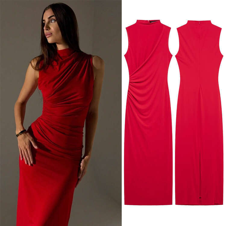 TRAFZA Women's Fashion Sleeveless Ruched Slim Fit Long Split Dress B5