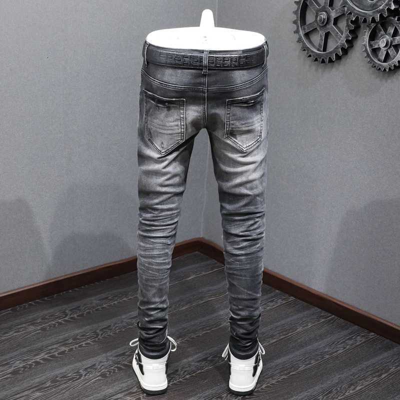 Designer Fashion New High Quality Black Gray Jeans Elastic Slimming Perforated Patch Washed Jeans High Street Hip Hop Brand Pants X250718