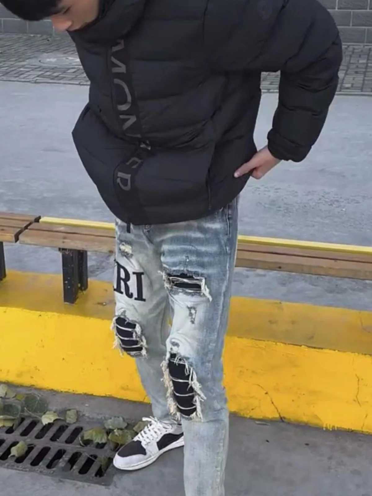 Slim Fit Black Letter Fake Hole Patch Tassel Jeans Long Pants Trendy Youth Casual Wear Middle Waist Zipper Closure Versatile X250718