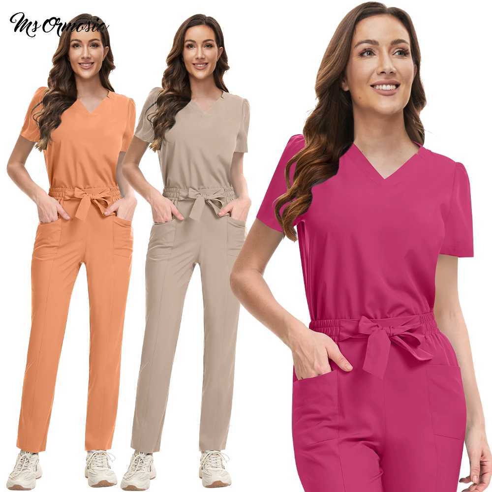 Medical Uniforms Women V-neck Top Straight Pants Hospital Nursing Scrubs Set Stretch Surgical Workwear Dentist Vet Doctor Suit Z250718