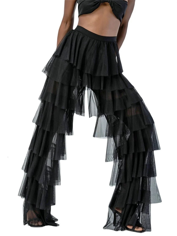 Women Wide Leg Pants High Waist Layered Tulle Loose Beach Long Trousers Streetwear 250714