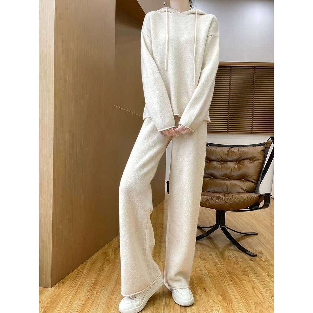 Women Hooded Pullover Straight Pant Suit Autumn Winter 100% Merino Wool Knitwear Sweater Pants Casual Loose Set Clothes