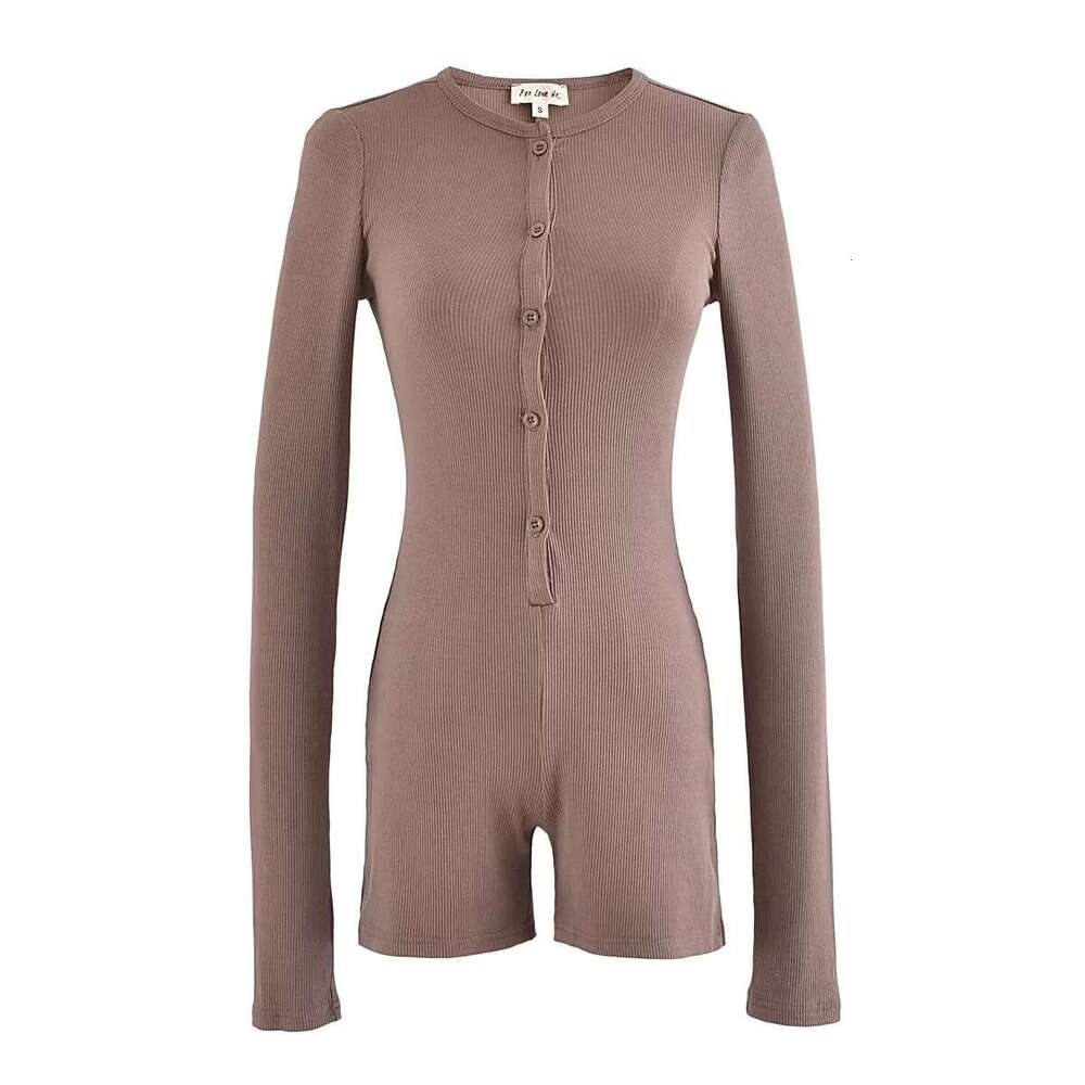 Ins Hot Girl Round Neck Buttoned Spring New Vacation Slim Fit Stretch Jumpsuit Short Style B5