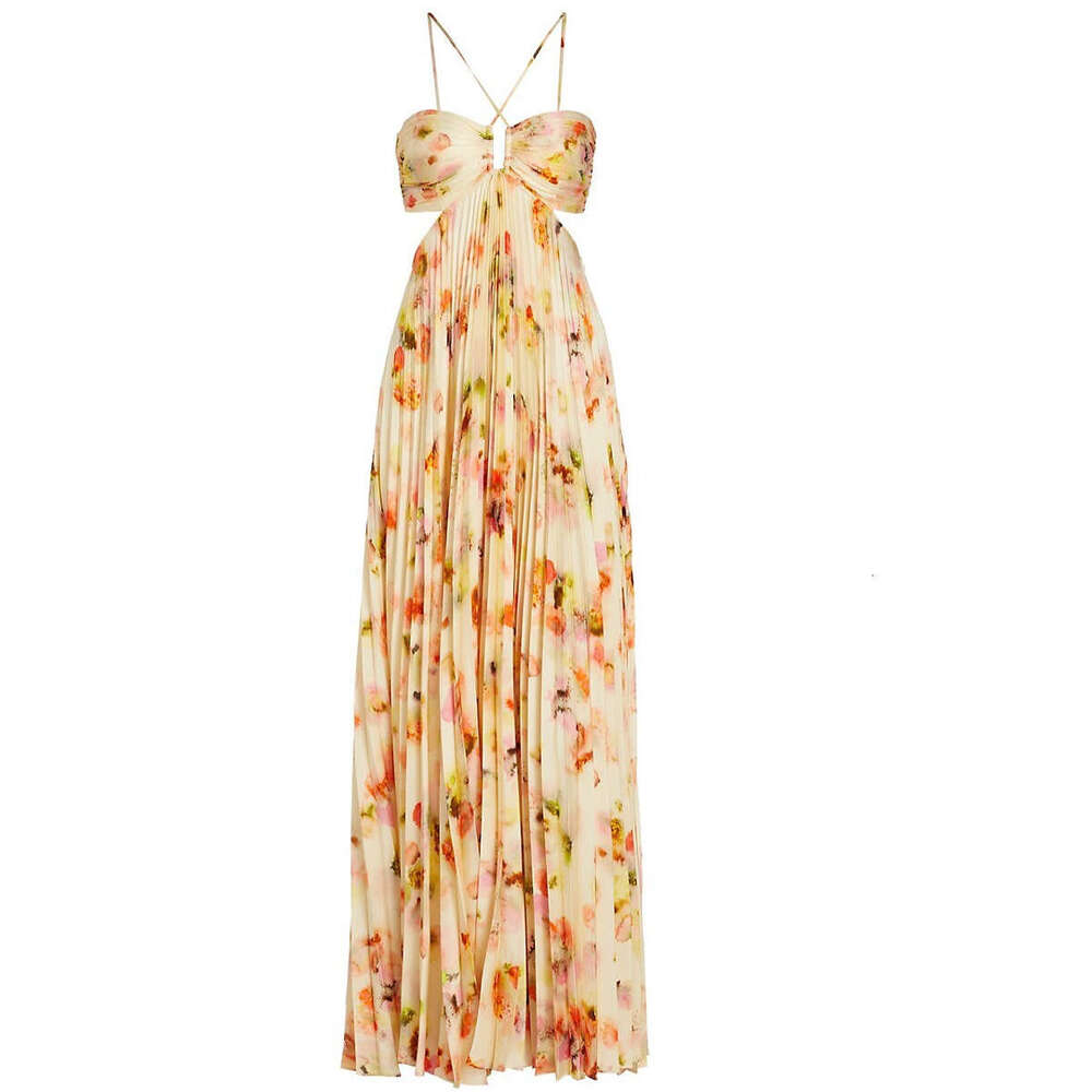 New French Style Printed Halter Spring Summer Ruched Elegant Beach Vacation Strap Long Dress B5