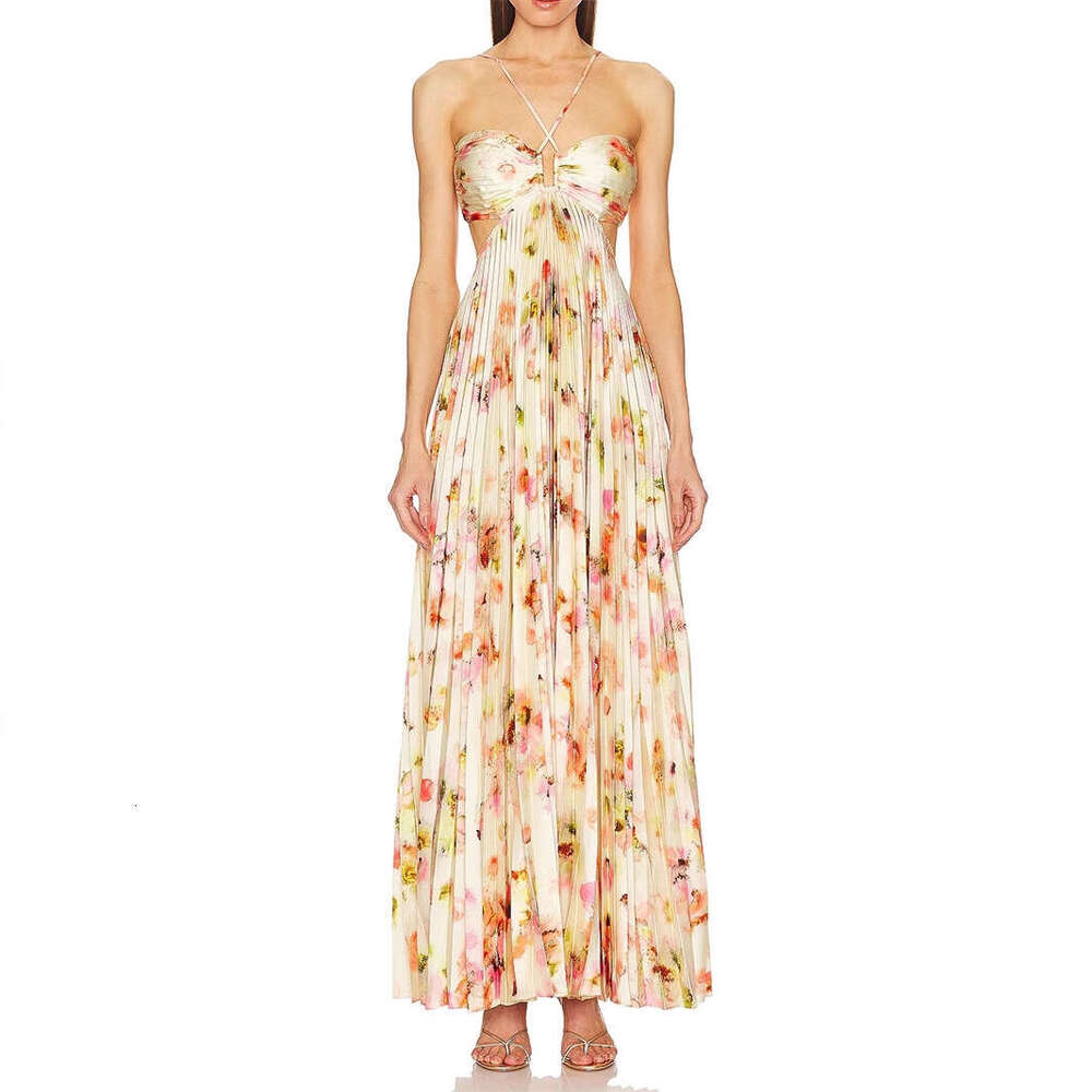 New French Style Printed Halter Spring Summer Ruched Elegant Beach Vacation Strap Long Dress B5