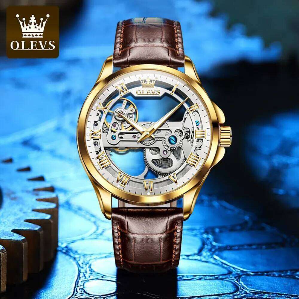 OLEVS Men Watches Automatic Mechanical Wristwatch Skeleton Design Waterproof Leather Strap Male Watch Reloj Hombre free shipping