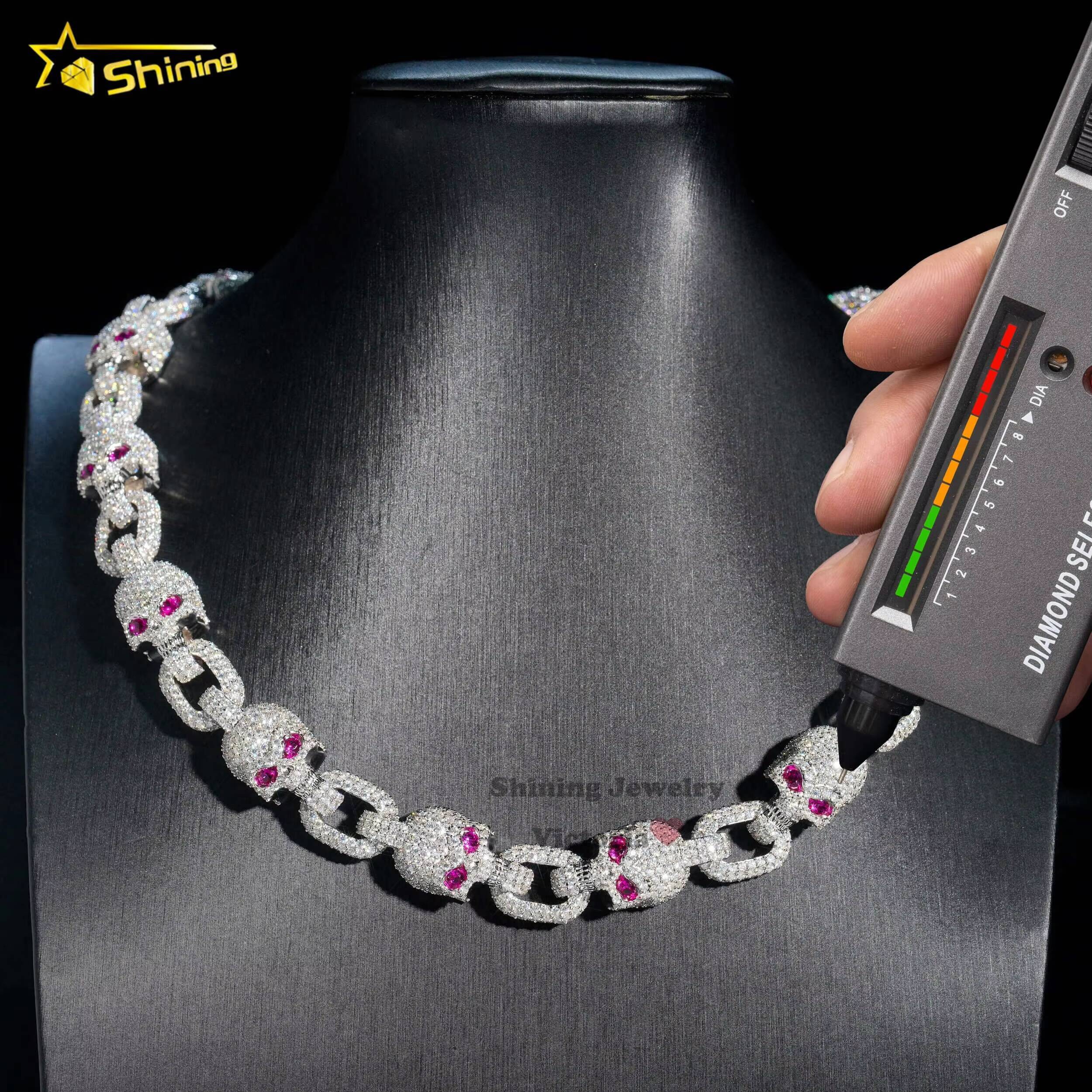 Customized New Design Skull Necklace Pass Diamond Tester 925 Sterling Silver 15MM VVS Moissanite Cuban Link Chain