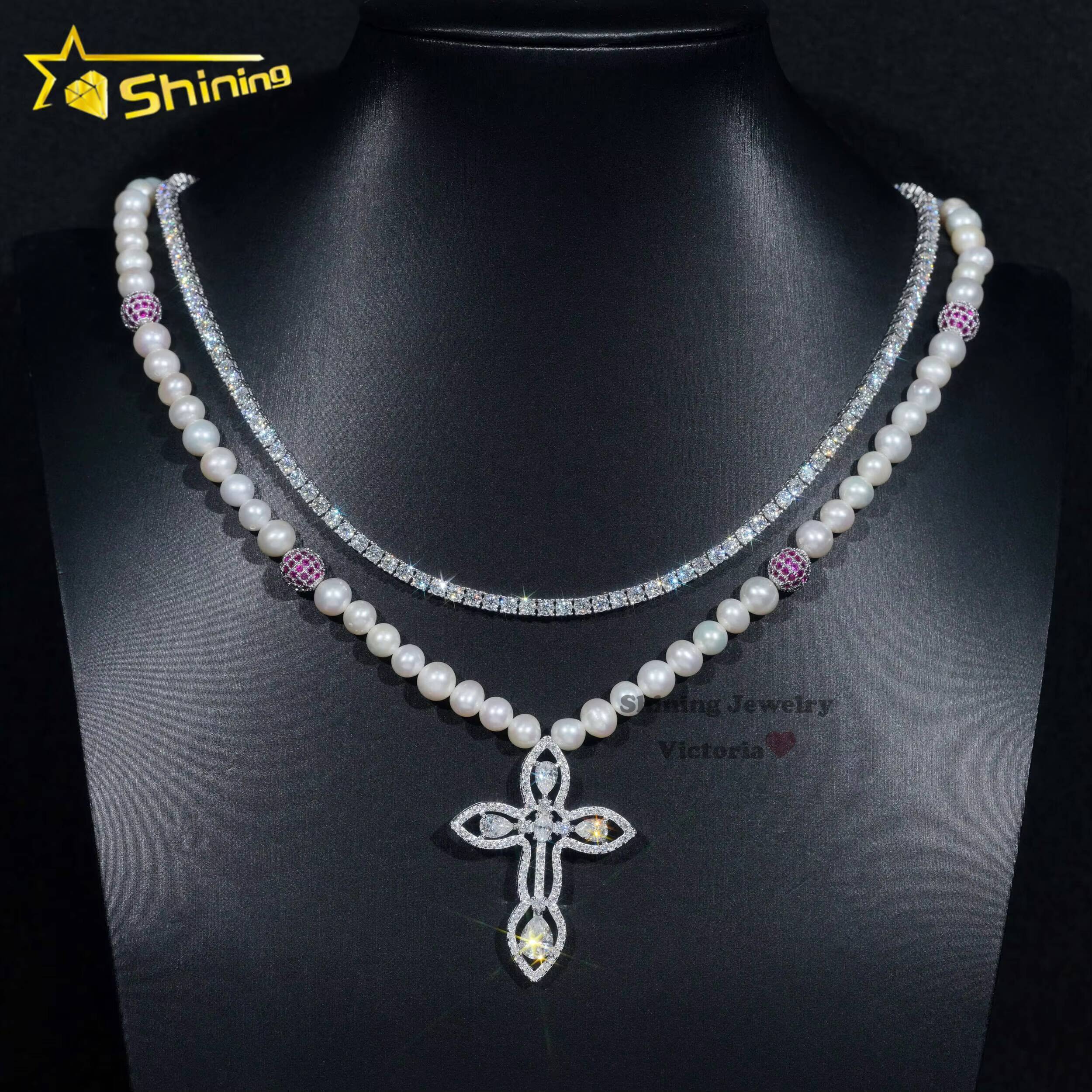 Luxury Men Women Hip Hop Iced Out Fine Jewelry 3MM Lab Diamond 925 Silver Moissanite Tennis Chain Pearl Charm Pendant Necklace