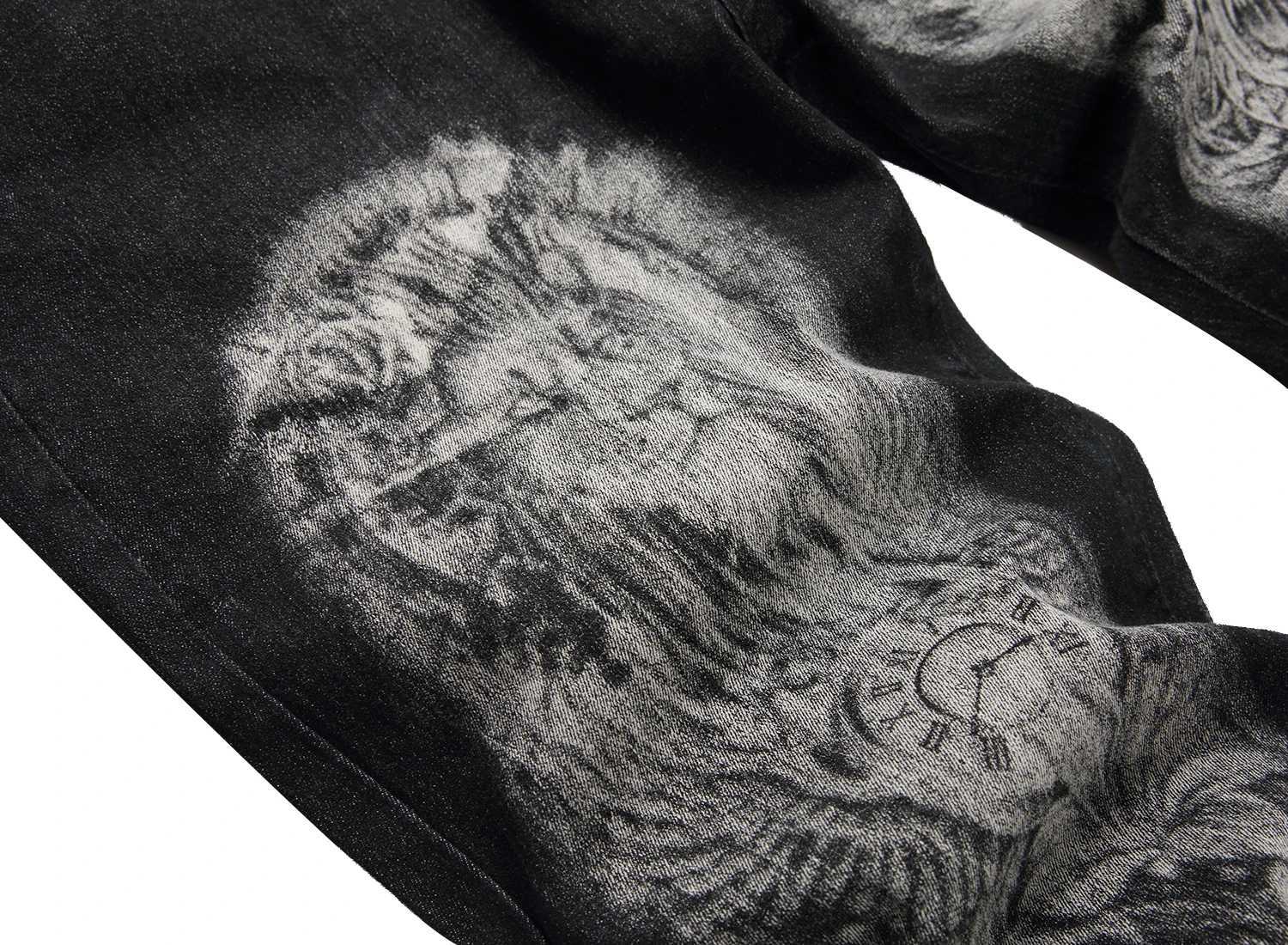 Mens Black Print Pants; Mens Print Wolf Head Pattern Jeans; Stretch Blue Jeans 90035 X250718
