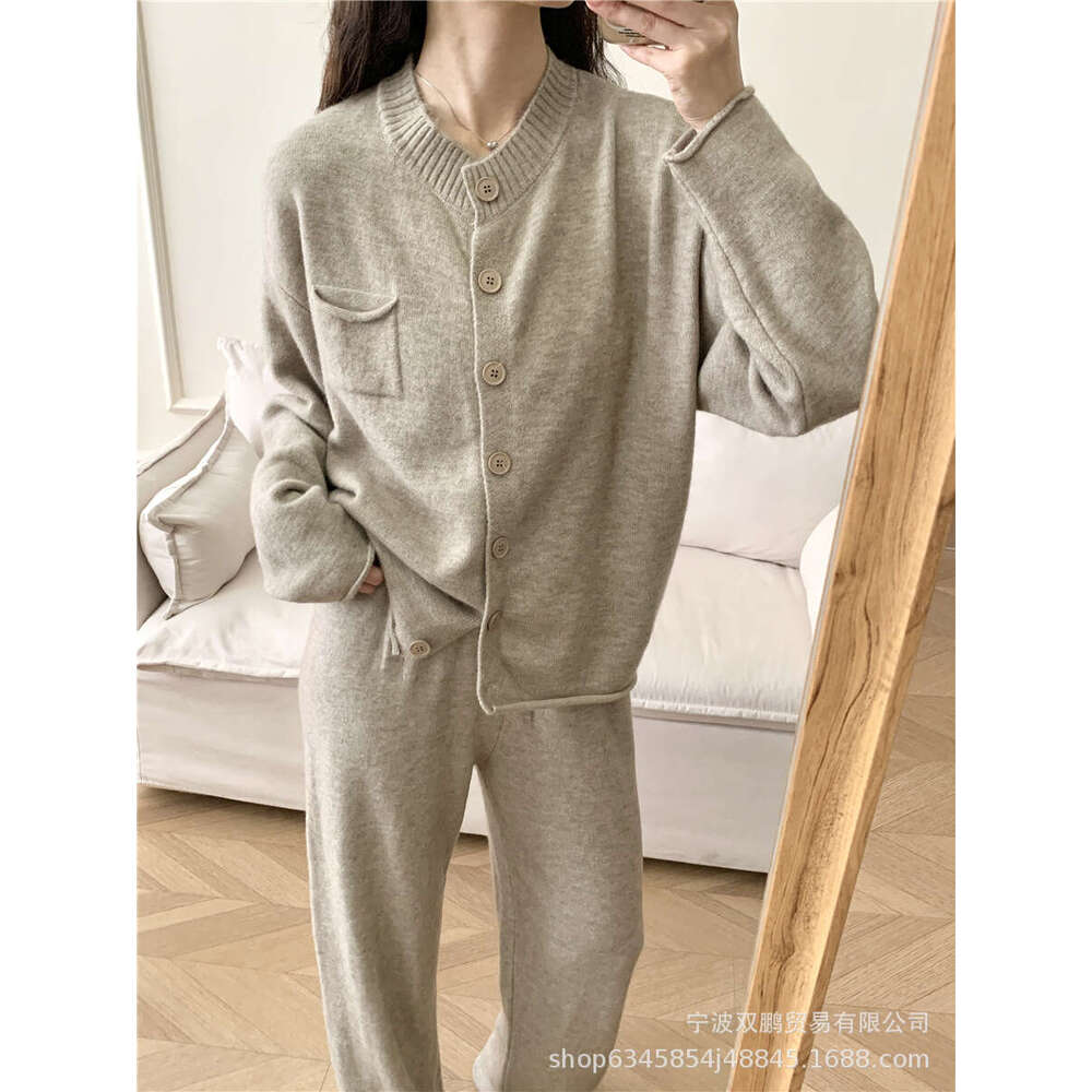 Autumn Winter New Loose Knitted Suit For Women Round Neck Cardigan Sweater + Wide Leg Pants B5