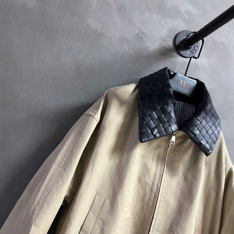 Mens Genuine Leather Jacket Patchwork Design Woven Lapel Long Sleeve Color Block Elegant Commuter Style L251013