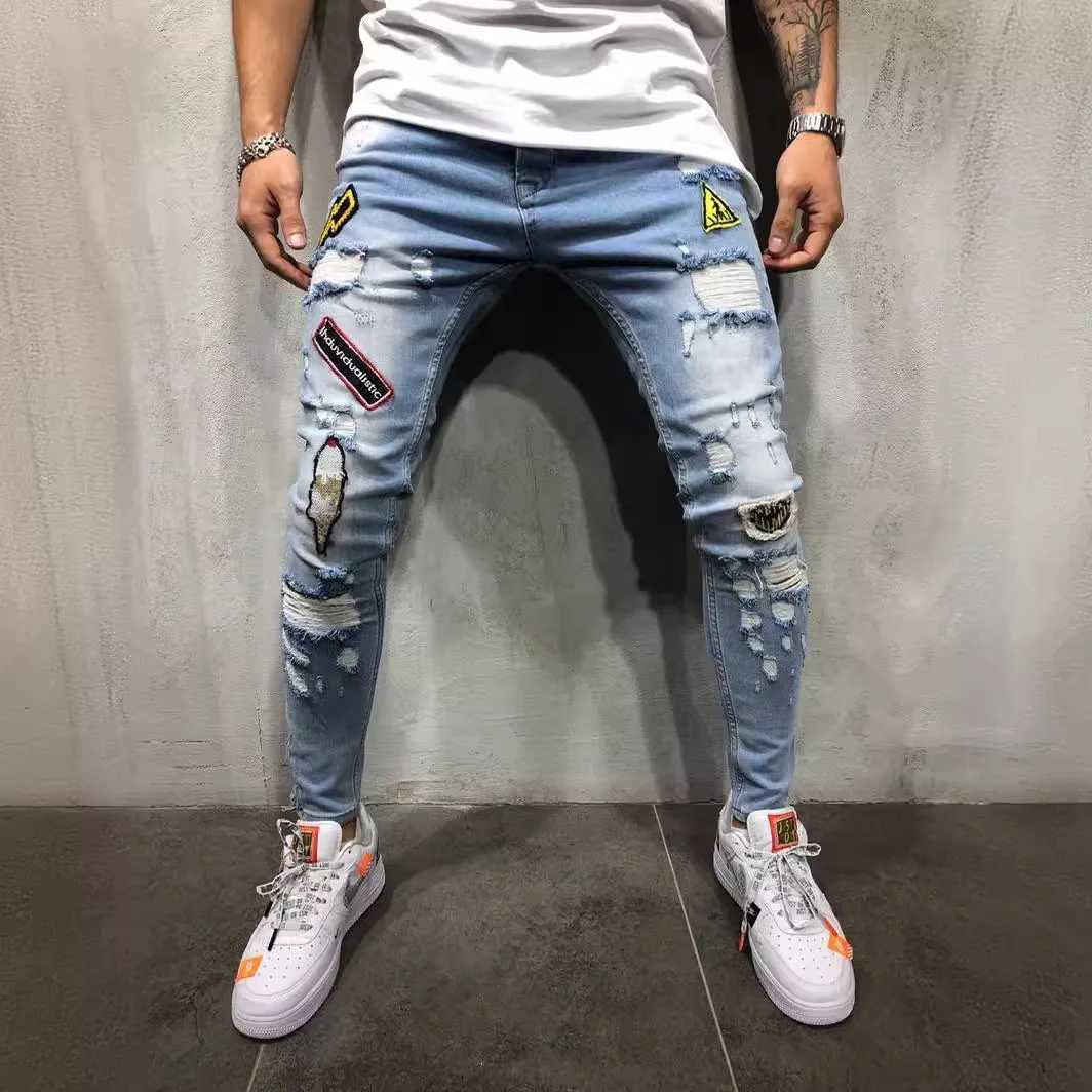 European and American Best-selling Mens Hip Hop High-End Slim-Fit Ripped Slim-Fit Pants New Style Micro-Badge Slim-Fit Jeans X250718